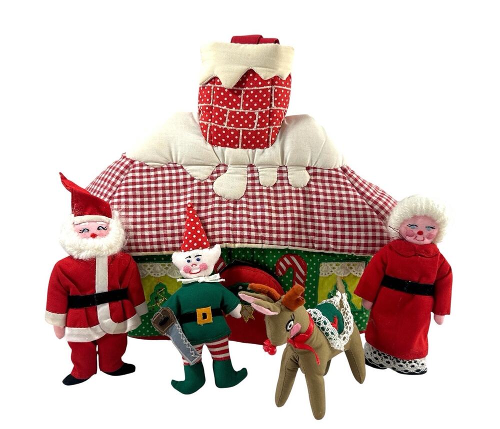Vintage 1989 Kubla Crafts Christmas Cottage Santa Mrs Claus Elf Reindeer Set